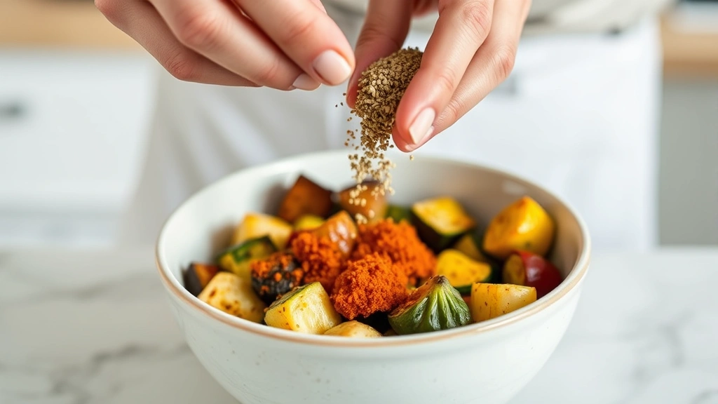 Close-up of hands sprinkling ground hemp seed and paprika blend onto roasted vegetables in ceramic bowl, showcasing texture and natural food preparation in bright kitchen setting