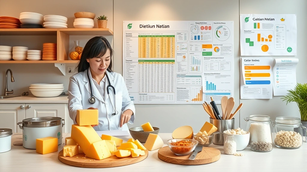 Dietitian's workspace with nutritional charts, cheese samples, measuring tools, and calcium-rich food ingredients arranged professionally, warm professional lighting, clean modern aesthetic
