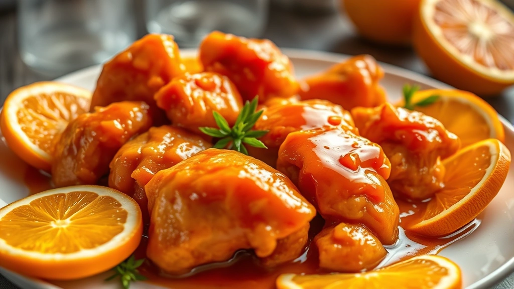 Professional food photographer capturing a vibrant plate of orange chicken pieces glistening with glossy sauce, surrounded by fresh orange slices and steam rising, shot in natural daylight with shallow depth of field, modern restaurant plating style, no text or labels visible