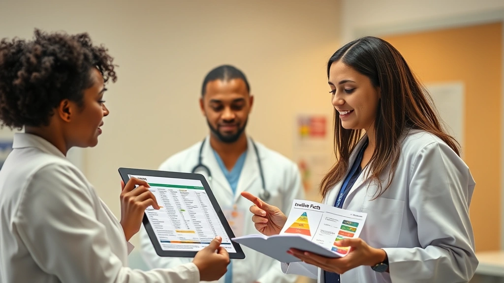 Dietitian or nutritionist in clinical setting reviewing nutrition facts charts and dietary guidelines on tablet or paper, hands gesturing toward food pyramid or nutrition information, warm professional lighting, diverse representation, authentic healthcare environment without visible screen content