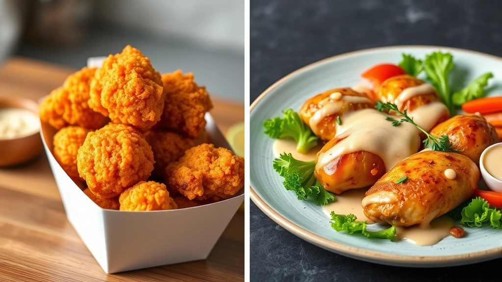 Split-screen comparison: left side shows traditional deep-fried orange chicken in takeout container, right side displays healthier baked chicken with fresh vegetables and light sauce, professional food photography, natural lighting, clean modern aesthetic, no visible text or nutritional labels