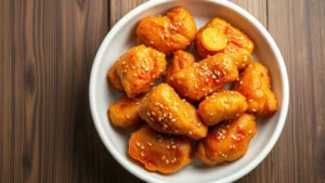 Overhead shot of crispy golden orange chicken pieces in a white ceramic bowl on a wooden table, garnished with sesame seeds and fresh orange zest, professional food photography lighting, no text or labels visible