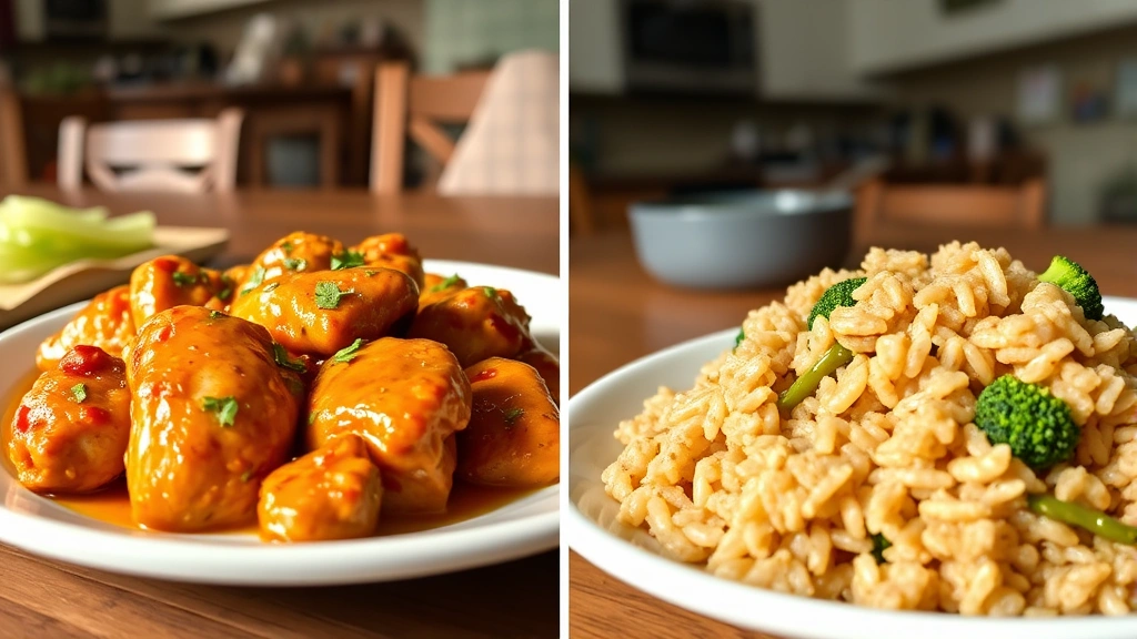 Split-screen comparison showing restaurant plating of orange chicken on left side versus home-cooked version with visible broccoli and brown rice on right side, bright natural kitchen lighting, no text overlays