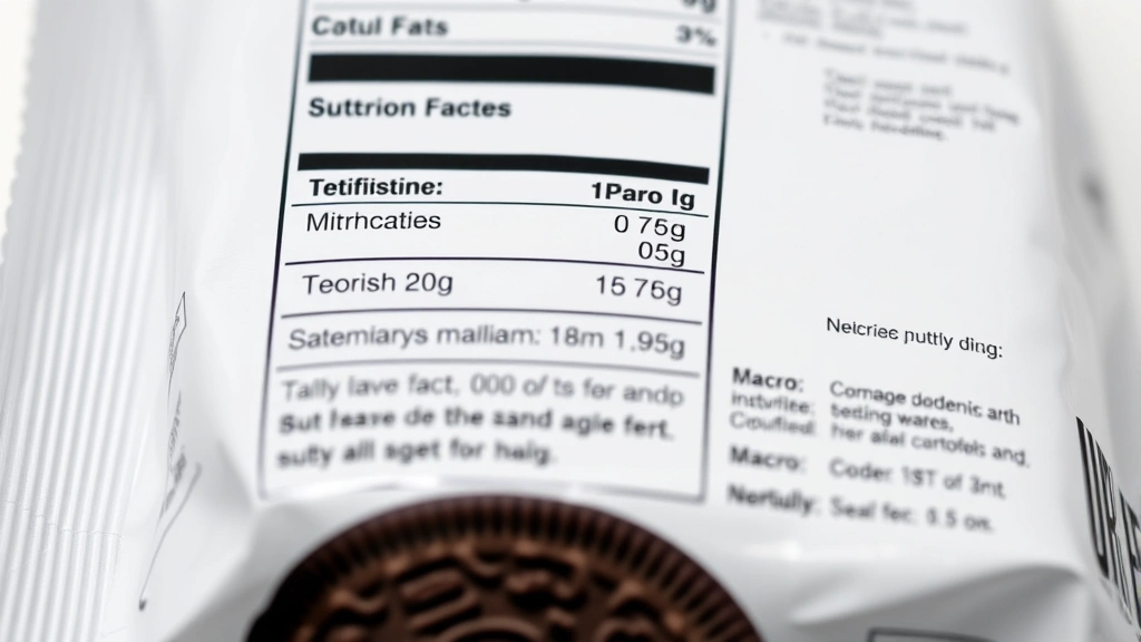 Close-up of Oreo cookie package nutrition label with clear macro and micronutrient information displayed, professional photography lighting, white background, detailed text visible