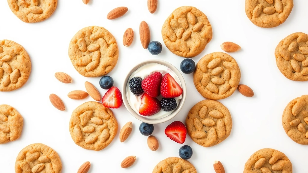Flat lay composition of various snack cookies and whole food alternatives arranged symmetrically on white surface, including almonds, fresh berries, yogurt, and cookies, natural daylight