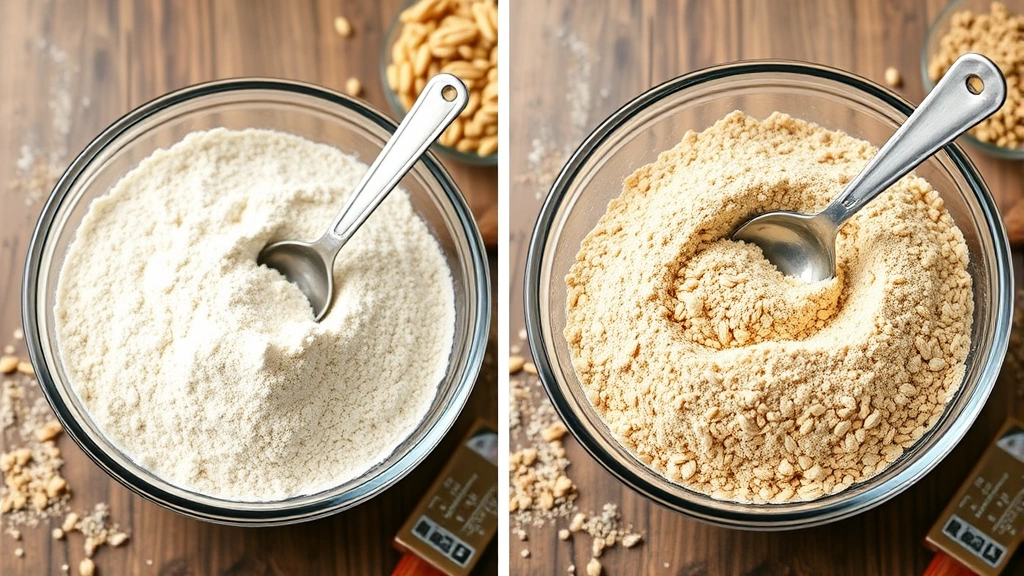 Split-screen visual comparison showing refined grain flour on left side and whole grain flour on right side, both in clear glass bowls with measurement spoons, educational food photography style