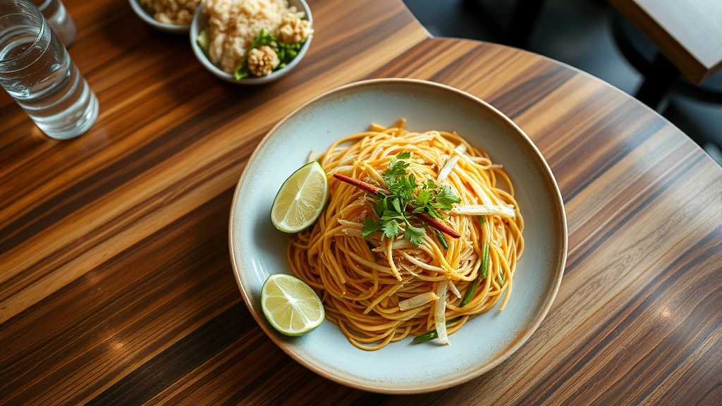Professional food photography of a vibrant pad thai dish on a ceramic plate with fresh lime wedge, peanuts, and bean sprouts, shot from above with natural lighting in a restaurant setting