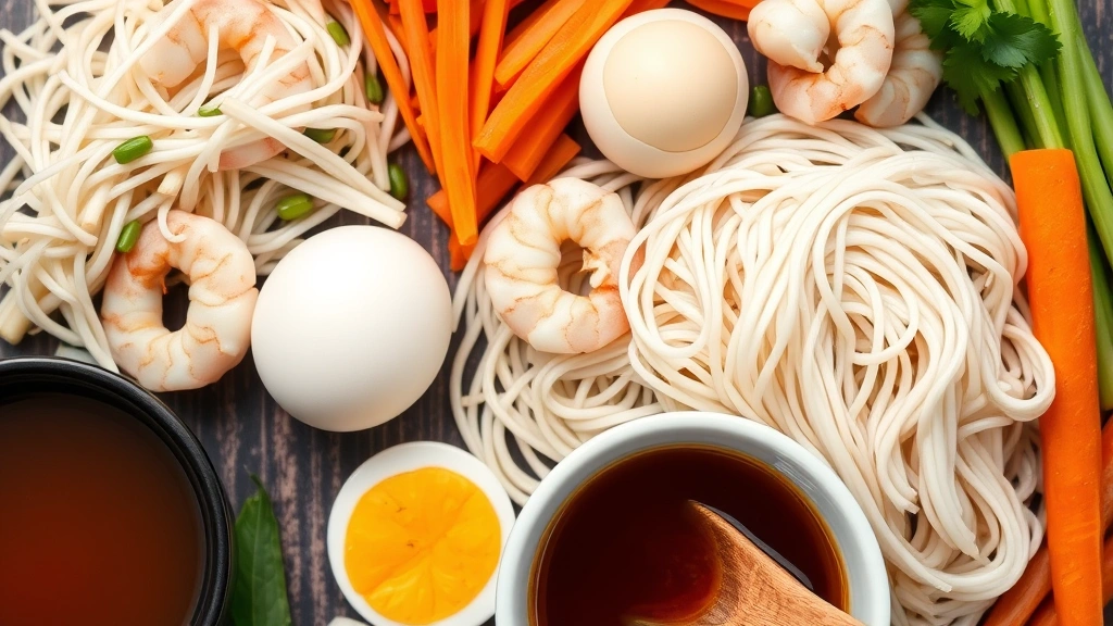 Close-up macro photography of pad thai ingredients laid out individually: dried rice noodles, shrimp, eggs, fresh bean sprouts, carrots, and a bowl of tamarind sauce with wooden spoon