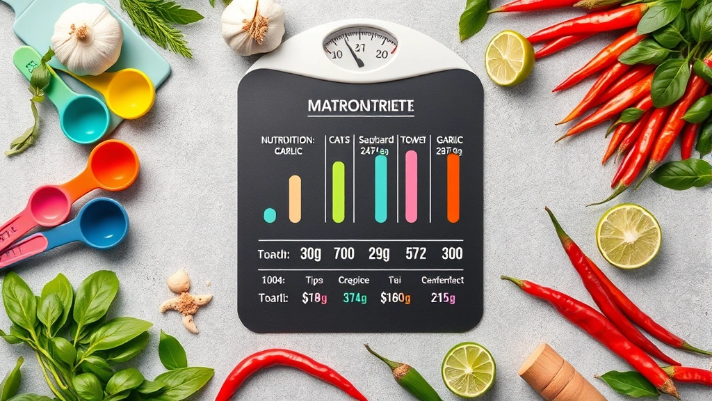 Flat lay composition of nutritional information visualization showing macronutrient breakdown with colorful measuring spoons, scale, and fresh Thai ingredients like garlic, chilies, and lime arranged artistically