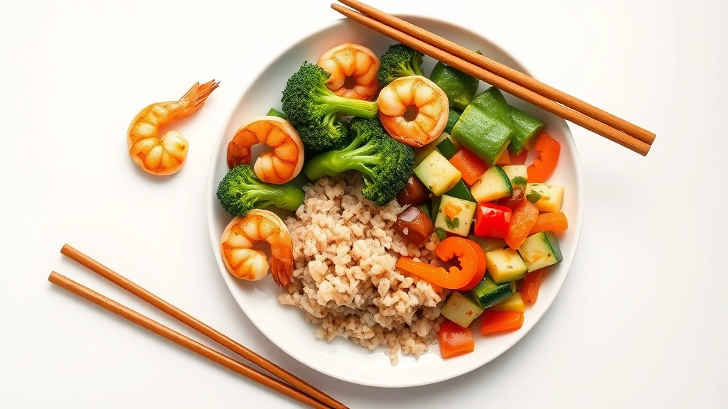 Overhead flat lay of healthy meal components: grilled shrimp, steamed broccoli, brown rice, and mixed vegetables on a white plate with chopsticks, minimalist composition, bright natural lighting