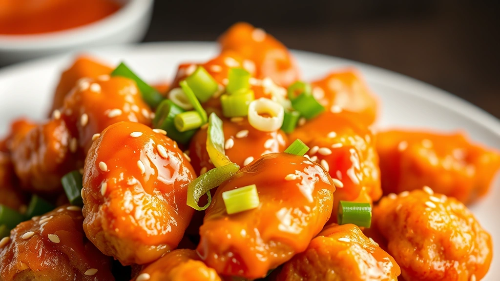 Close-up shot of golden-brown fried chicken pieces coated in glossy orange sauce, garnished with sesame seeds and green onions, on a white ceramic plate with professional lighting emphasizing texture and color saturation, photorealistic food photography style