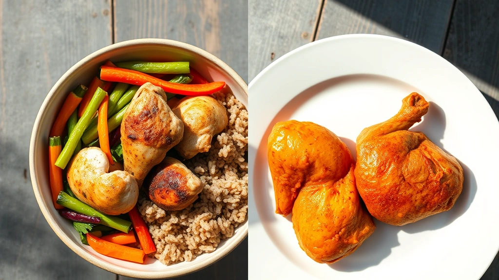 Split-screen nutritional comparison visualization showing a chicken bowl with steamed vegetables and brown rice on one side versus an orange chicken plate on the other, captured from above with natural daylight, emphasizing color contrast between vibrant vegetables and orange-coated meat