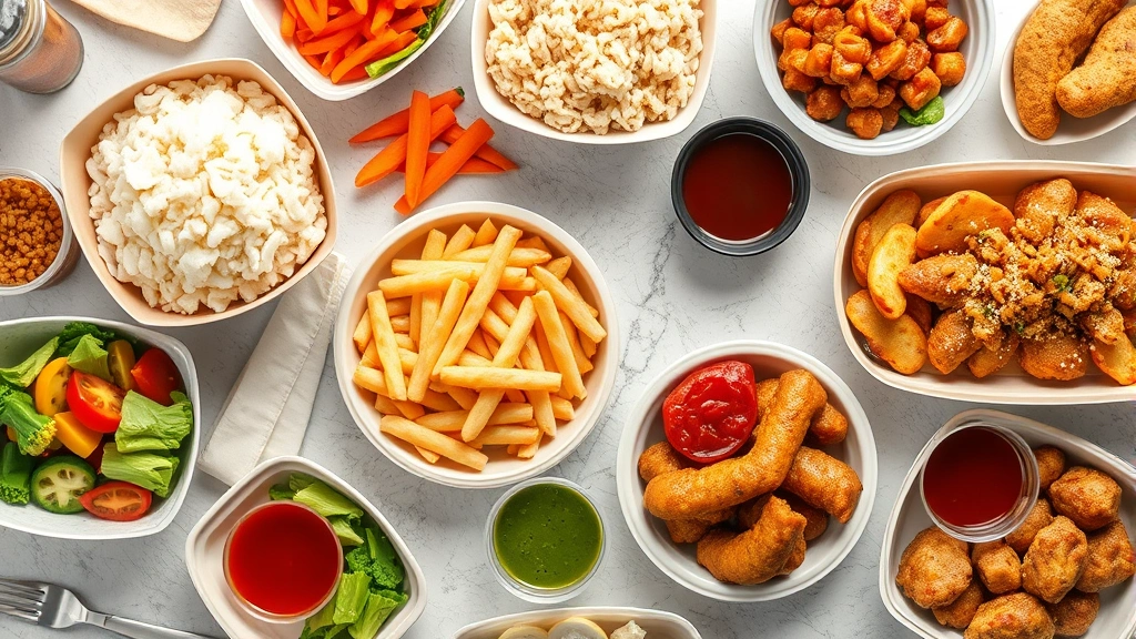 Overhead flat lay composition of various fast-casual restaurant containers and meal components—rice containers, vegetable sides, protein options, and sauce cups—artfully arranged on a neutral background to represent meal customization and choice-making in food ordering