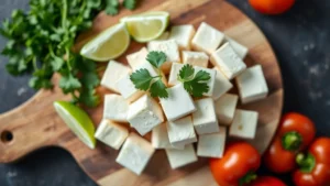 Professional overhead food photography of fresh paneer cubes on a wooden cutting board with fresh cilantro, lime wedges, and colorful vegetables like bell peppers and tomatoes surrounding it, soft natural lighting, shallow depth of field