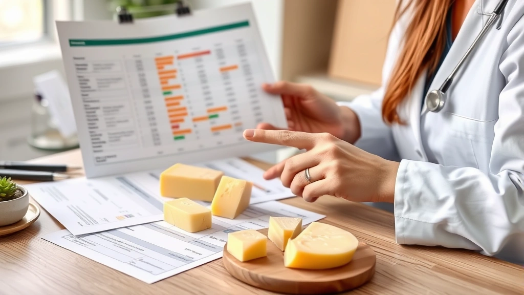 Nutritionist reviewing dietary charts with Parmigiano Reggiano samples on desk, hands pointing to food composition data, professional healthcare setting with natural lighting, blurred background showing nutrition reference materials