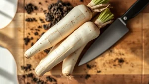 Overhead shot of fresh parsnips with soil still visible, arranged artfully on wooden cutting board with chef's knife, natural daylight streaming from left side, shallow depth of field highlighting root vegetable texture and pale cream color
