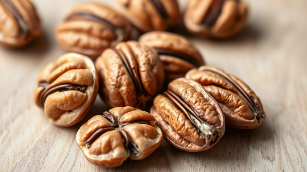 Close-up photograph of fresh pecans in their shells and halved, displaying natural texture and color variation, arranged on a neutral wooden surface with soft natural lighting highlighting their rich brown tones and intricate detail