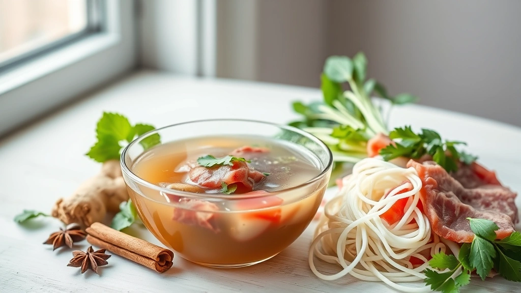 Flat lay composition of pho ingredients arranged artfully: star anise, cinnamon stick, fresh ginger root, bone broth in glass bowl, raw beef slices, rice noodles, bean sprouts, herbs, bright natural window light