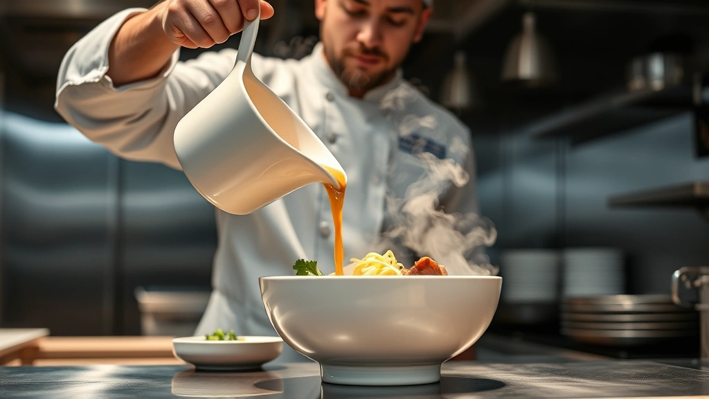 Modern restaurant kitchen scene showing chef ladling hot bone broth into ceramic pho bowl with noodles and meat, steam rising dramatically, professional stainless steel background, dynamic motion capture