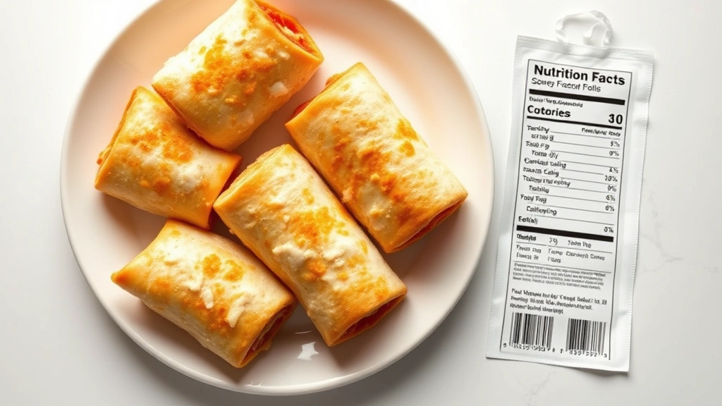 Overhead shot of frozen pizza rolls on a white ceramic plate with a nutrition label visible beside them, bright kitchen lighting, photorealistic food photography, minimalist composition